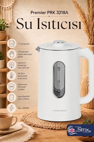 Premier PRK 3218A 1.7 L Isıya Dayanıklı Cam Hazneli Led Işıklı Su Isıtıcısı Kettle