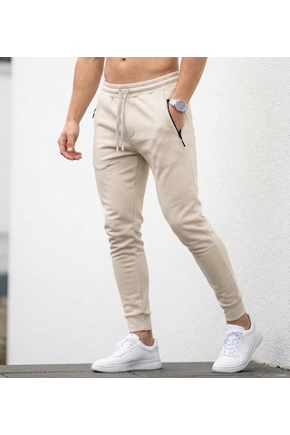 Plus Scorpion Erkek Slim Fit Eşofman Altı Pamuklu Kumaş, Fermuarlı Cepli, Rib Paça Bej