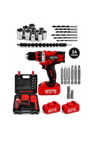 12v Metal Şanzıman Şarjlı Matkap 24 Parça Akülü Vidalama Akülü Matkap Seti Kırmızı Renk