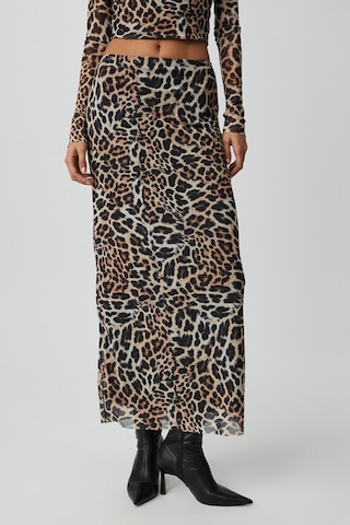 Grimelange BEULAH Kadın Maxi Boy Slim Fit Beli Lastikli Tül Batik Desenli Leopar Desenli Etek