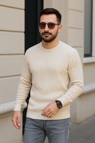 Modi Erkek Bisiklet Yuvarlak Yaka Triko Kazak Pamuklu Kalın Fitilli Dokuma, Regular Fit Uzun Kollu Kışlık Model - Bej Açık Bej