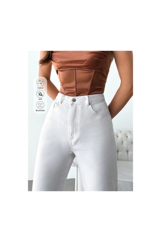 Kene Jeans Yüksek Bel Beyaz Keten Mom Pantolon Beyaz