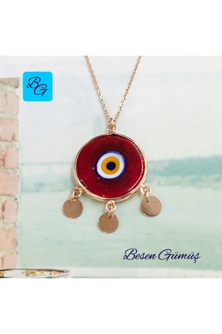 Üç Pullu Rose Yuvarlak Kırmızı Göz Kolye Rose - Gold - Gümüş