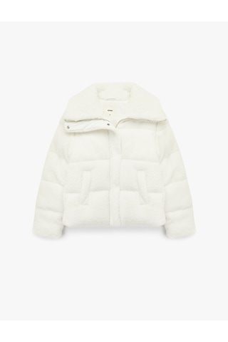 Koton Uzun Kollu Cepli Fermuarlı Dik Yaka Detaylı Anorak Peluş Şişme Mont Ekru 6wak20039ew Ekru