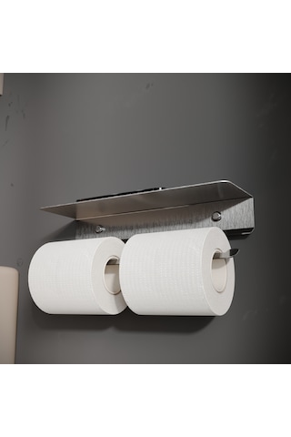 İnoks Satine Çiftli Tuvalet Kağıdı Askısı - Raflı 304 Paslanmaz Çelik - Yapışkanlı Vidasız Banyo Askısı Metalik Gri
