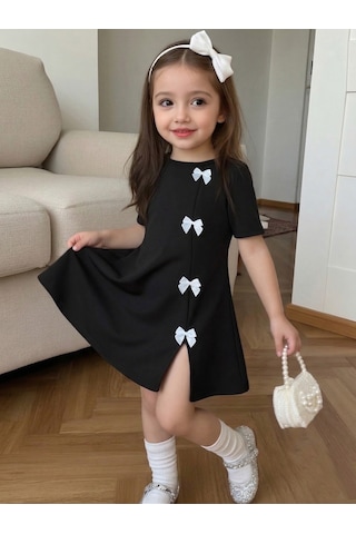 Uyguntarz Kız Çocuk Siyah Mini Elbise Beyaz Fiyonk Detaylı Modern Tasarım