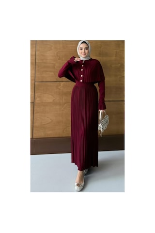 Dagü Design Kadın Bordo Tesettür Gold Düğmeli Pelerinli Triko Elbise Bordo Bordo