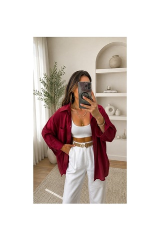 Moda Banuş Bordo Düşük Omuzlu Tensel Gömlek Moda Banuş Bordo Düşük Omuzlu Tensel Gömlek