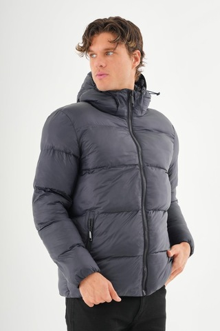 Erkek Kapüşonlu Fermuarlı Cepli Kışlık Şişme Kısa Mont Lacivert