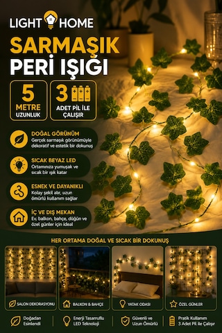 Yapay Sarmaşık Led Işık Dekoratif Işıklı Sarmaşık Led Oda Duvar Yatak Odası Parti Yılbaşı Dekoru 5 Metre 50 Led Sarı