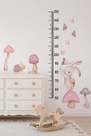 Sevimli Tavşan Boy Ölçer Duvar Sticker Seti 29 Parça Çocuk Odası Boy Cetveli Pastel Pembe Tavşan Dijital Baskı