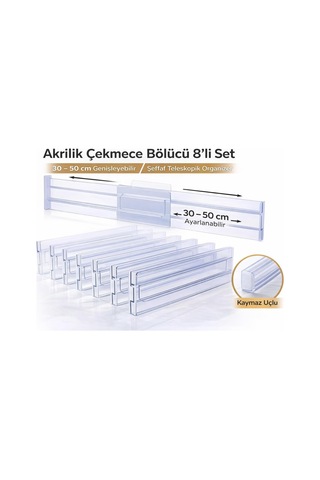 Akrilik Çekmece Bölücü Organizer, Şeffaf, Teleskopik Ayarlanabilir 30 50 Cm, Kaymaz Uçlu, Mutfak, Dolap, Banyo V Çok Renkli