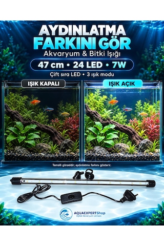 Akvaryum Işığı - Balık Işığı - Bitki Işığı - 47 Cm - 24 Led - Tamamen Su İçinde Kullanılabilir - 3 Modlu - 7w - Mükemmel Işık