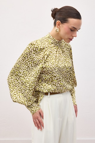 Sateen Desenli Bluz - Yeşil-137134 Yeşil
