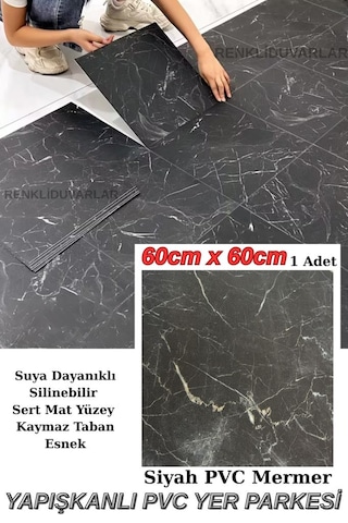 60cmx60cm Siyah Mermer Desenli Pvc-lvt Yapışkanlı Yer Kaplama Paneli Kauçuklu Floor Banyo Wc S74p Siyah
