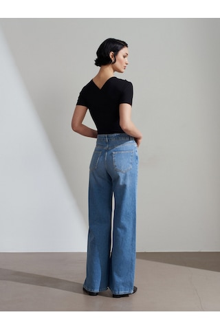 Dilvin 72286 %100 Pamuk Dökümlü Wide Leg Jean-mavi Mavi