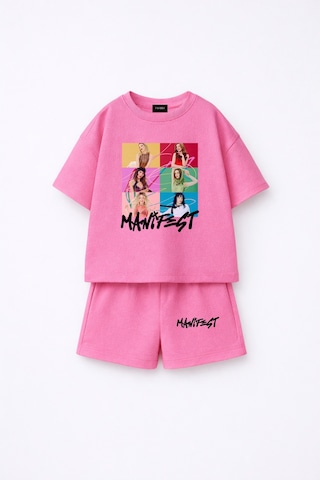 Fasardi Manifest Girls M6nifestgirls Baskılı Oversize Pamuk Tişört Şort 2li Çocuk Takım Pembe
