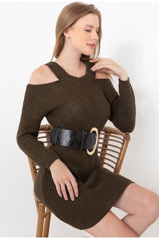Aqe Fashion Kadın Haki Omuz Detaylı Elbise Haki