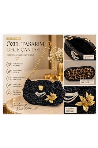 Firuloop Siyah Gold Metal Rafya Çanta