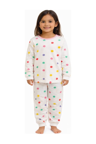 Renkli Puantiyeli Kız Çocuk Pijama Takımı Beyaz