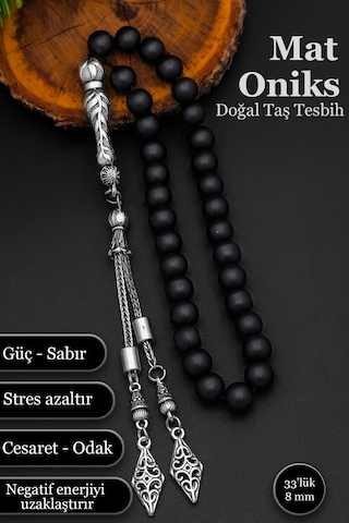 Mat Oniks Tesbih Erkek Doğal Taş Tesbih 8 Mm Bt056 Siyah - Gri