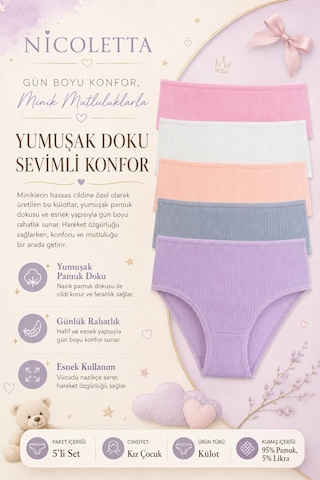 Nicoletta Kız Çocuk Külot 5 Li Paket Likralı Fitilli Pamuklu Lila