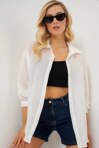 Defymoda Uzun Oversize Gömlek 20320 - Beyaz Beyaz