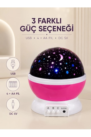 Pembe Yıldızlı Gece Lambası Döner Gökyüzü Projeksiyon Işığı Antrasit Melanj