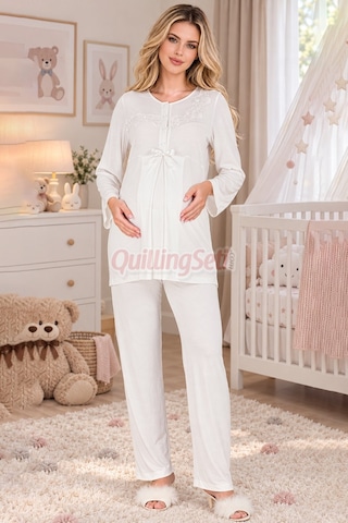 Quilling Lady Ekru Renkli, Dantel Detaylı 33209 Uzun Kol, 2 Parça Lohusa Hamile Pijama Takımı M - L