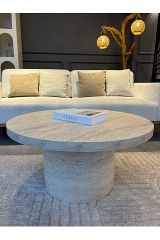 Most Rota Mermer Görünümlü %100 Mdf Bej Orta Sehpa 80 Cm. Çap Ev