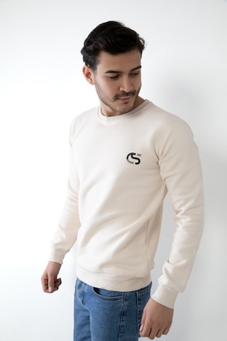 Erkek Bej Renk Kapşonsuz Baskılı Sweatshirt Bej