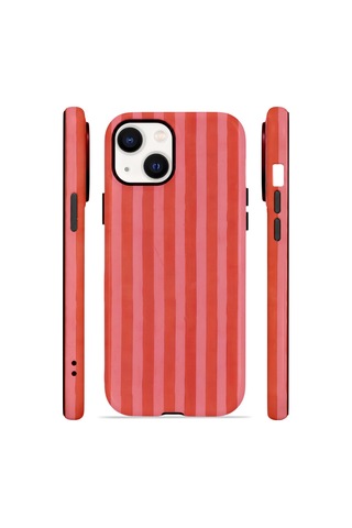 Apple iPhone Uyumlu 13 Vorian Çift Katmanlı Magsafe Kılıf Tomato Red Stripe