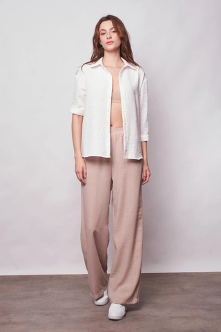Kadın Keten Düşük Omuzlu Yakalı Kapri Kol Apoletli Gömlek -krem Krem