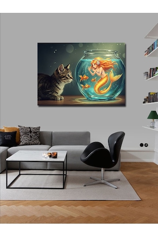 Kanvas Tablo Akvaryumlu Denizkızı Ve Yaramaz Kedi 100cmx140cm