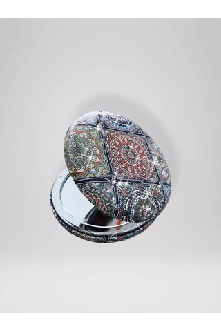 Işıltılı Karışık Desenli Çift Taraflı Yuvarlak Cep Çanta Makyaj El Aynası 7cm Çap Kod:25