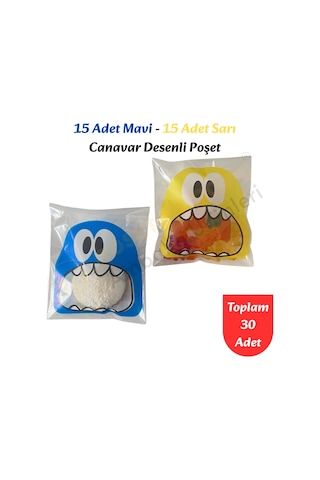 30 Adet Mavi-sarı Renkli Canavar Desenli Cake Pop & Kurabiye Poşeti-10x15 Cm