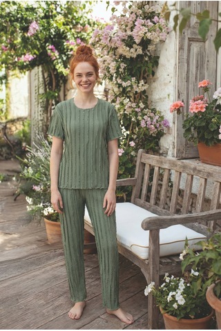 Medinenur Fırfır Detaylı Örme Kısa Kol Pijama Takımı Yeşil