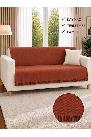 %100 Pamuk Kaymaz & Terletmez & Saçaklı & Yumuşak Koltuk Örtüsü-tek Ve Çift Kişilik Koltuklar İçin- 170 X 200 Cm Kiremit