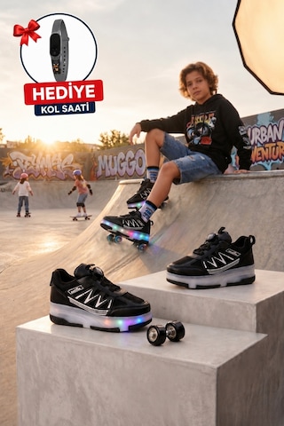 Muggo Sky Çocuk Işıklı Patenli Tekerlekli Sneaker Spor Ayakkabı Siyah