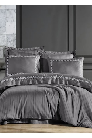 Dantela Nüans Nakışlı Pamuk Saten Çift Kişilik Nevresim Tak.-gri Gri