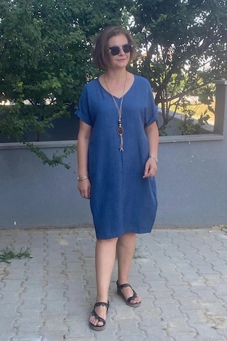 Mia Butik Büyük Beden Lacivert Kolye Hediyeli Salaş Elbise Lacivert