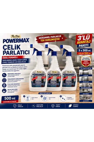 Powermax A Plus Çelik Parlatıcı 500 Ml X3 Set Paslanmaz Çelik Yüzey Temizleyici