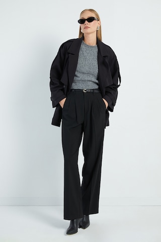 Fullamoda Beli Kemerli Kruvaze Yaka Oversize Trençkot Siyah