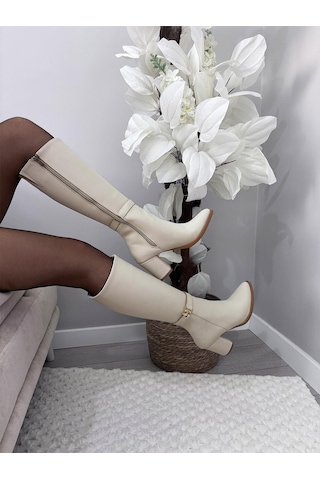 Asmi Shoes Kadın Lara Yandan Fermuarlı Diz Altı Çizme Krem Krem