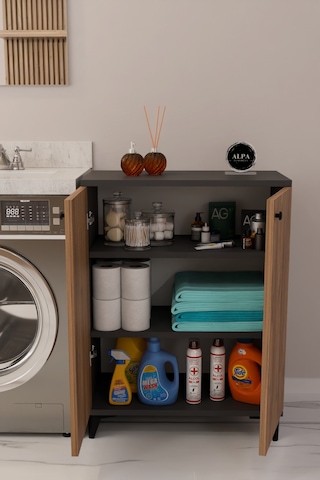 Çok Amaçlı Banyo & Çamaşır Odası Dolabı, Ayarlanabilir Raflı, Kapaklı Modern Banyo Dolabı Antrasit - Atlantik Çam