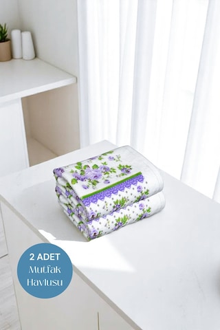 2li Paket Baskılı Beyaz Mutfak Havlusu Modeli Lila Güller