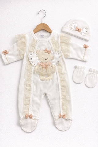 Kardeşler Bebe Kadife Kız Bebek Dantelli Fiyonklu 3 Lü Tulum Seti Ekru