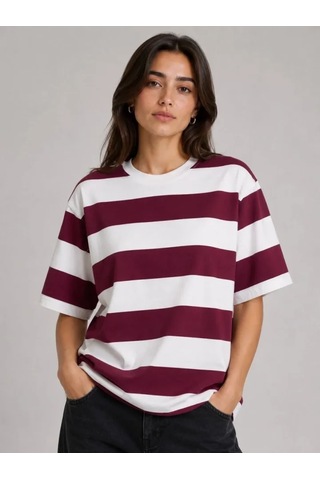 Hazego Çizgili Oversize Tişört Bisiklet Yaka Kısa Kol Yazlık T-shirt - Bordo