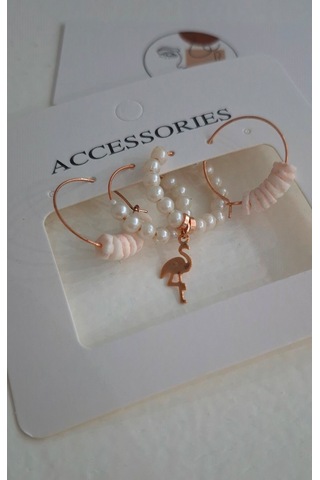Rose Flamingo Gerçek Mercan Dörtlü Küpe Set Rose
