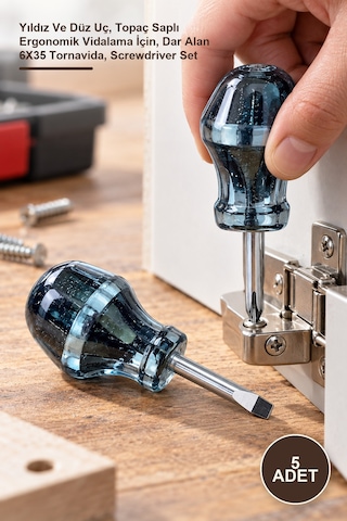5 Adet Topaç Tornavida Seti Yıldız Ve Düz Uç, Topaç Saplı Ergonomik Vidalama İçin, Dar Alan 6x35 Tornavida, Screwdriver Set